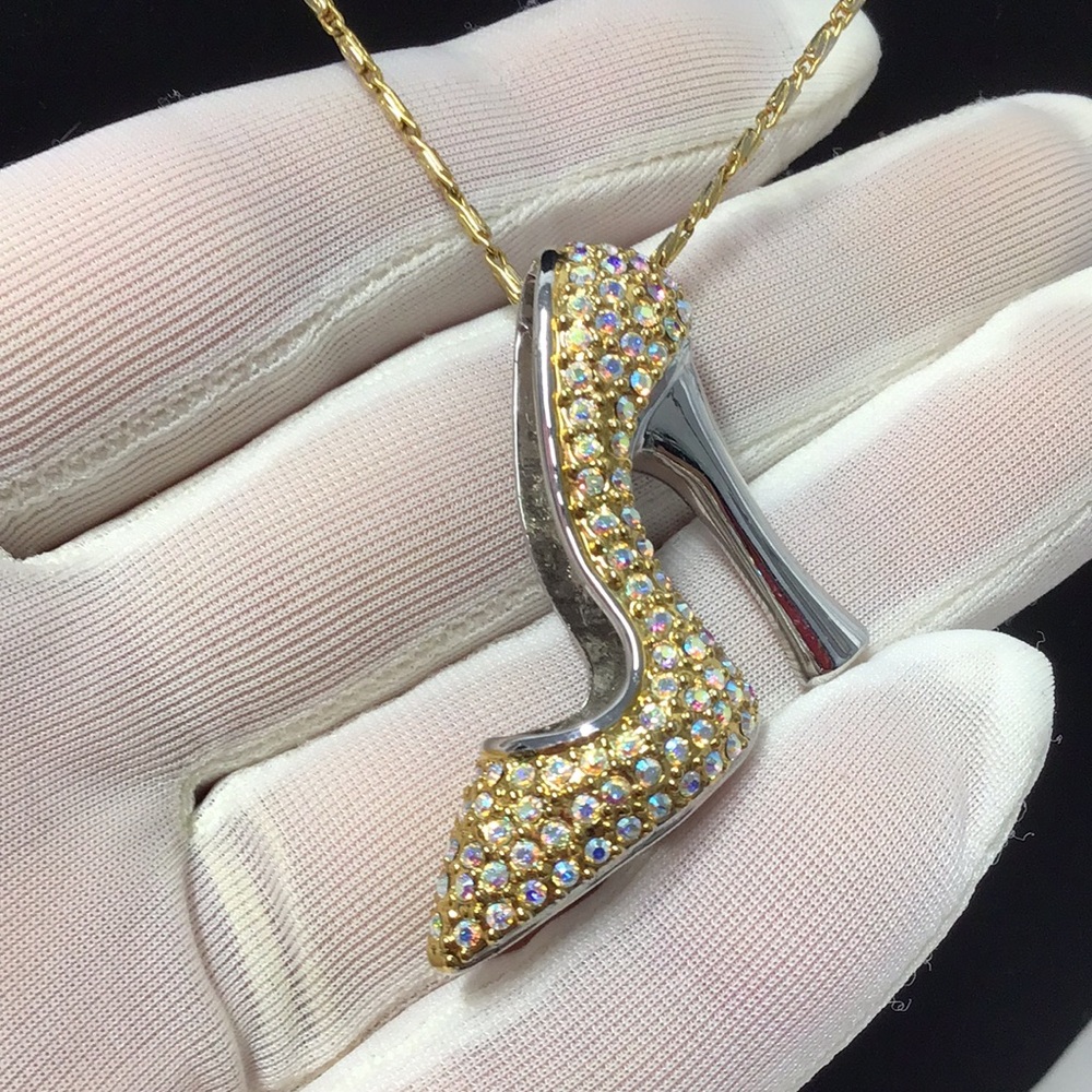 Stunning signed Butler Gold & Silver High Heel Pendant Necklace AB pave SPARKLE